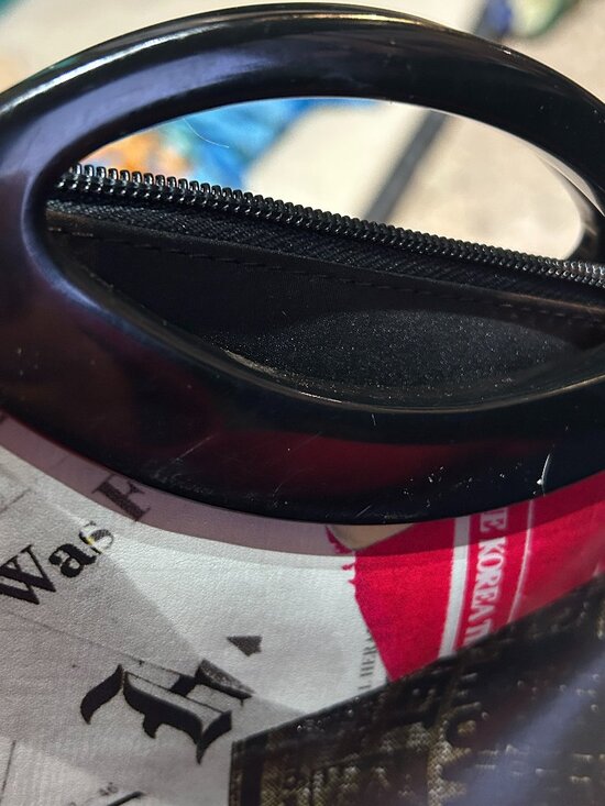 Jeanne Lottie Vintage Newspaper Print Clutch Lucite Handles Statement Bag Bold - Picture 9 of 14